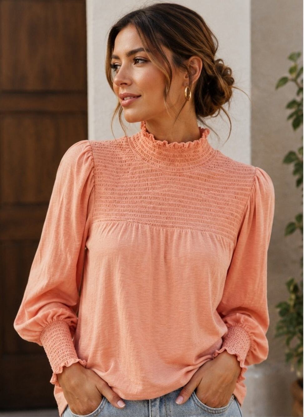 Nation LTD Peach Pink Smocked Open Back Pima Cotton Blouse